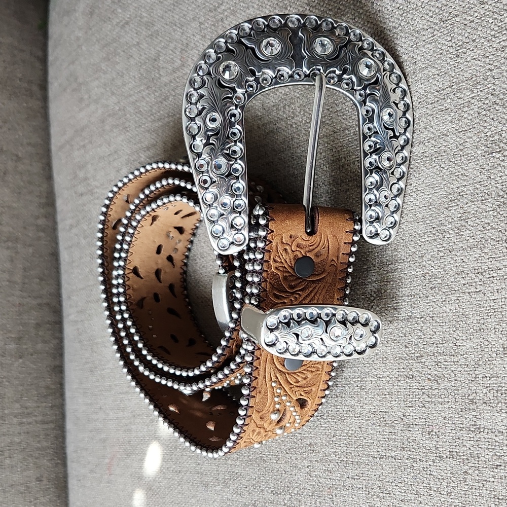 Justin Boots Brown Tooled Leather Western Belt with Silver Crystal Buckle